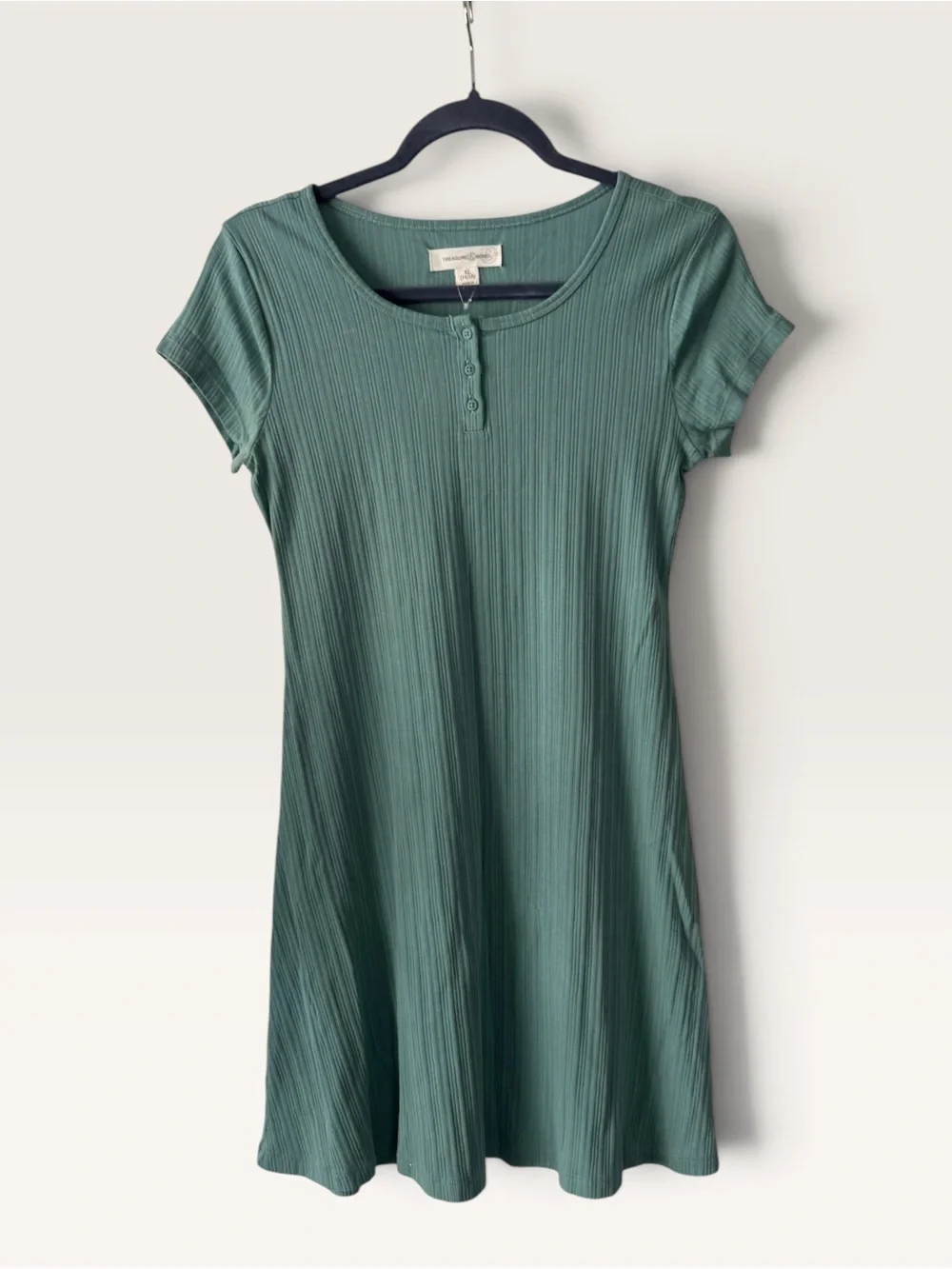 Treasure & Bond Girls Short Sleeve Ribbed Henley Dress - Teal Green, XL (14/16)